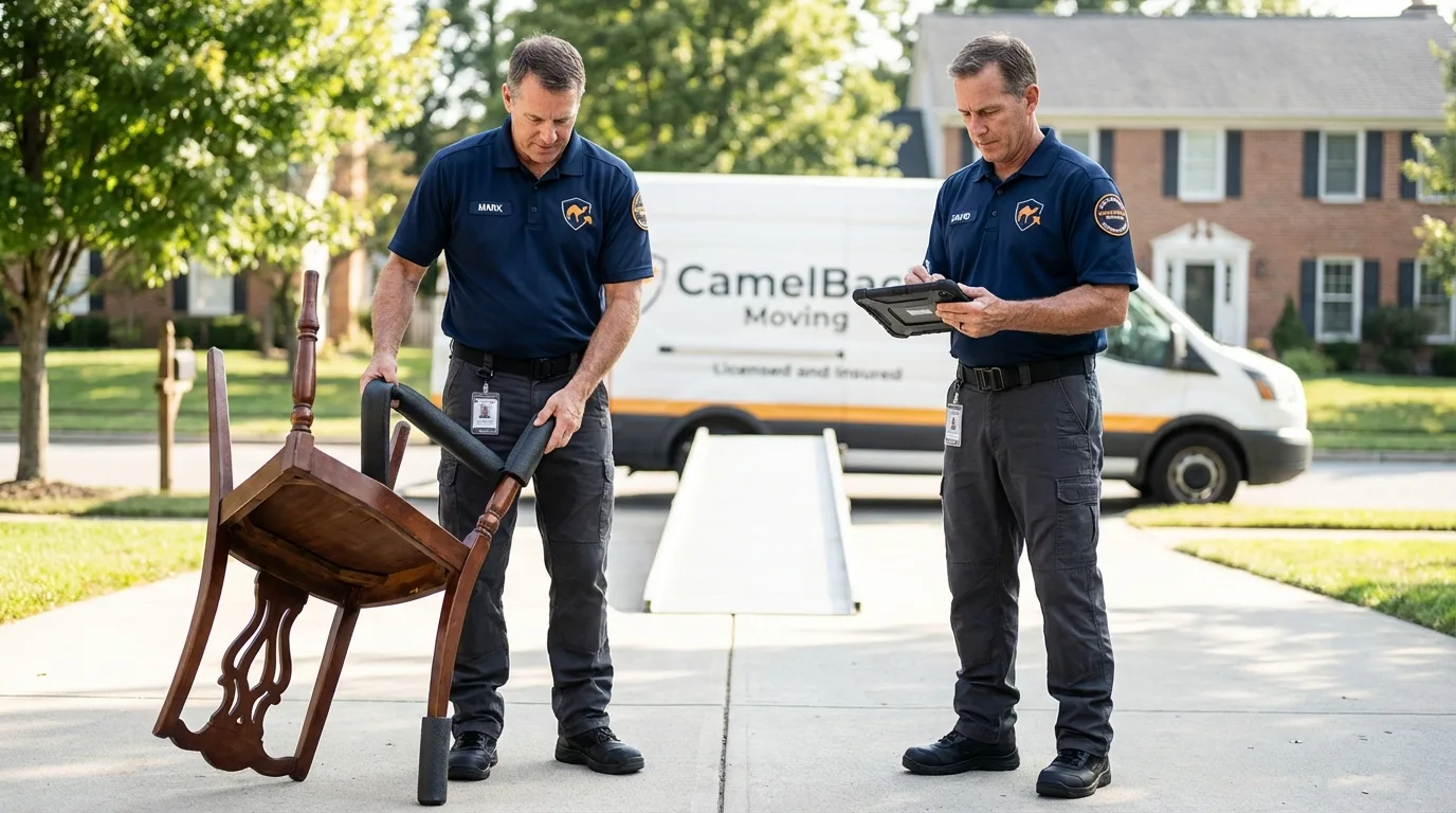 Movers inspecting furniture for damage prevention before loading in Saylorsburg, PA