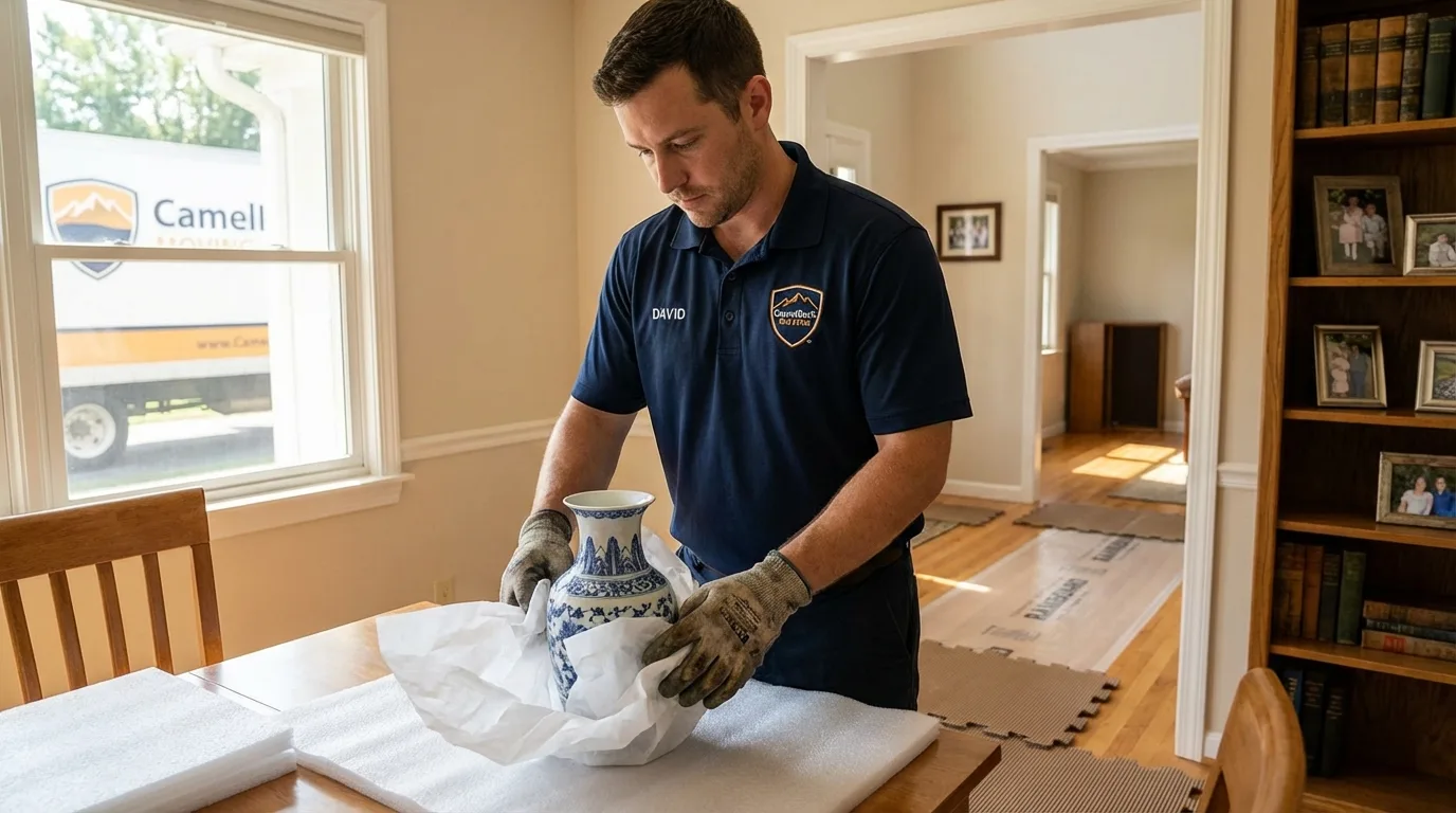 Professional crew carefully wrapping antique vase for senior downsizing move in Saylorsburg, PA